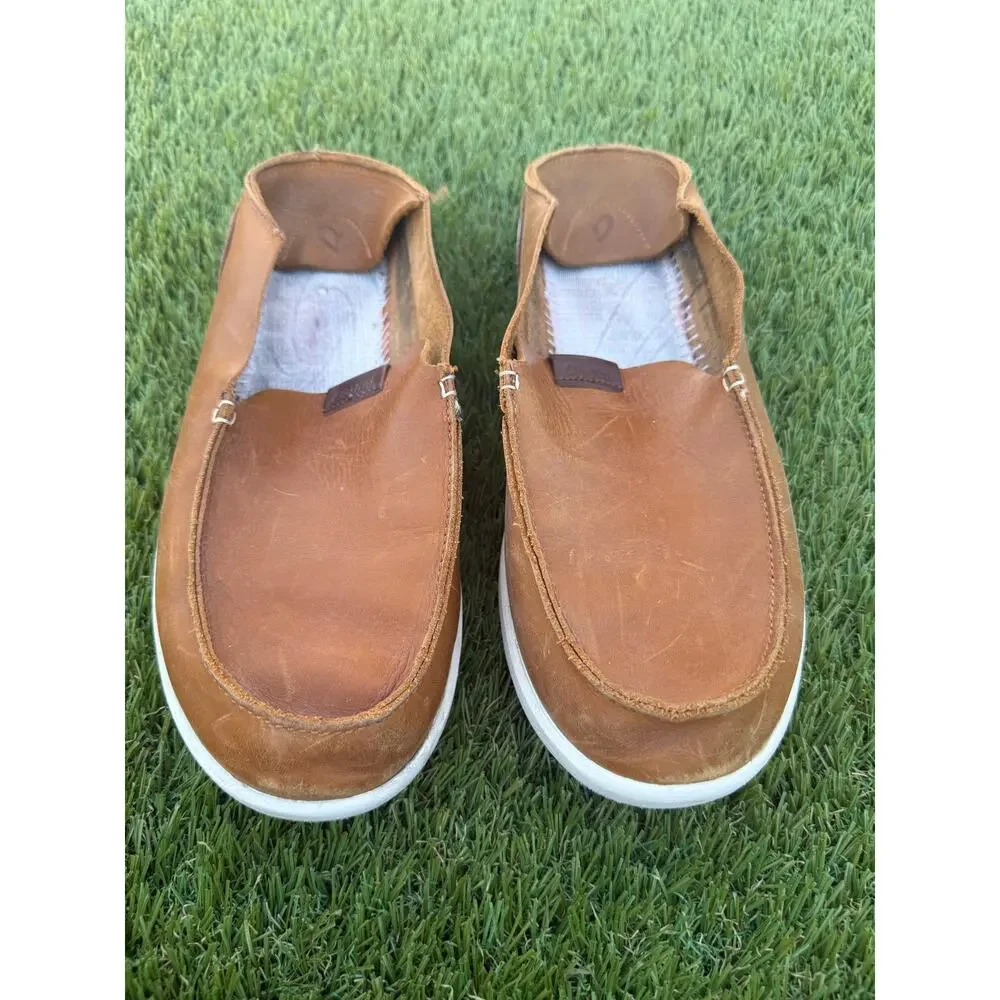 OluKai Kakaha Men’s Leather Slip-On Shoes Brown Loafers US 10 Nalukai